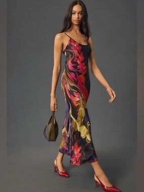 Conditions Apply Black Maxi Slip Dress with Red & Pink Abstract Swirl Print